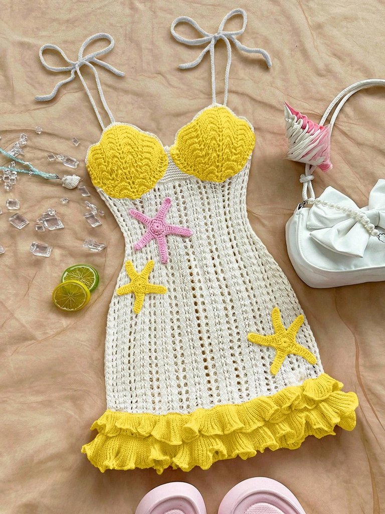 Yellow Casual Women's Cute Starfish Decor Crochet Knit Mini Dress
